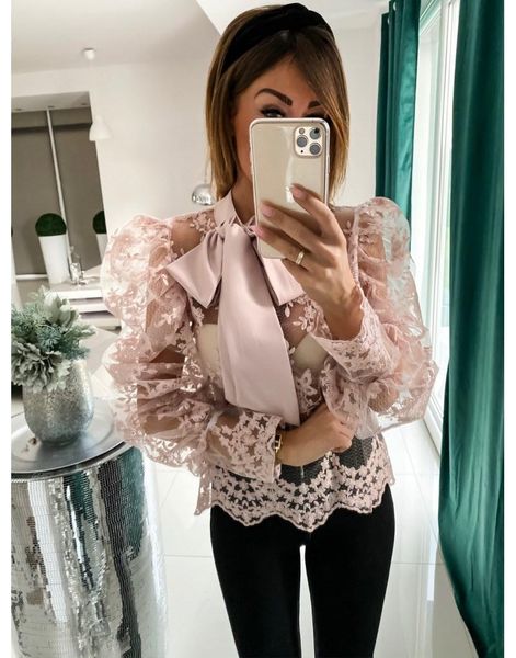 

women's blouses & shirts women lace sheer embroidery see-through puff sleeve bow tie female long floral mesh, White