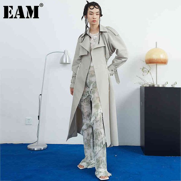 

[eam] women gray big size drawstring hollow out long trench lapel long sleeve windbreaker fashion spring autumn 1dd7053 21512, Tan;black