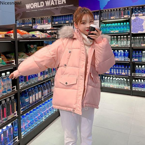 

sweet warm thick hooded parka oversize coat with fur collar fashion winter jacket women causal short down female, Black