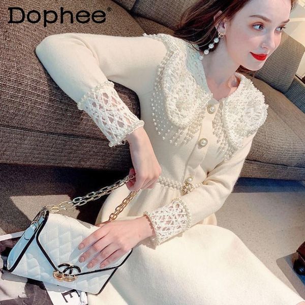 

casual dresses chic beads tassel sweet doll collar long sleeve midi dress fashion white knitted for women 2021 autumn sweater, Black;gray