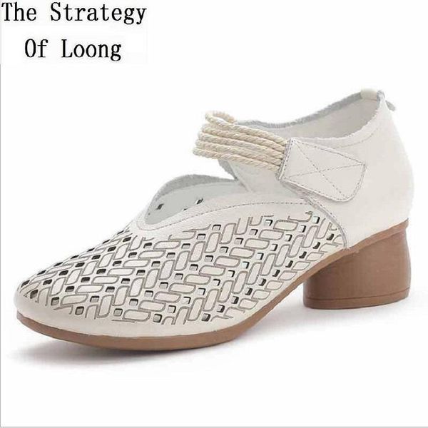 

dress shoes summer national style retro full grain leather women brogue sandals think heels breathable cut out ladies boots 20210611, Black