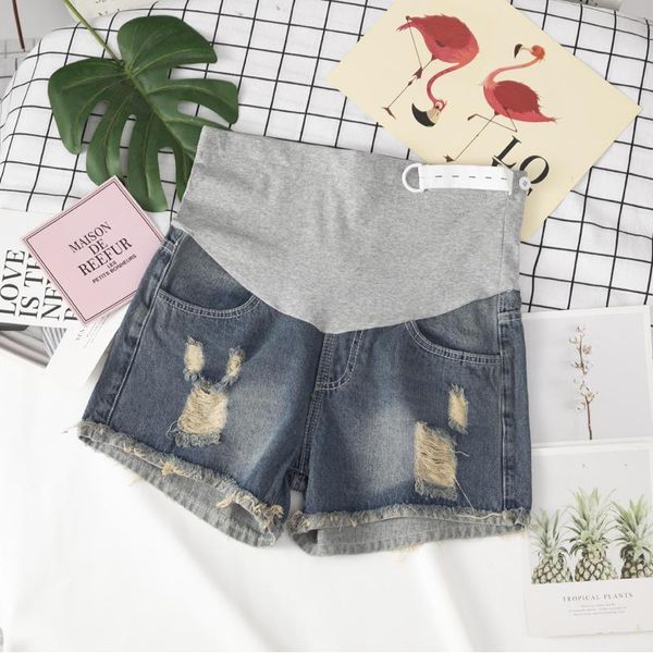 

maternity bottoms 881# summer ripped hole denim shorts elastic waist belly casual clothes for pregnant women pregnancy, White
