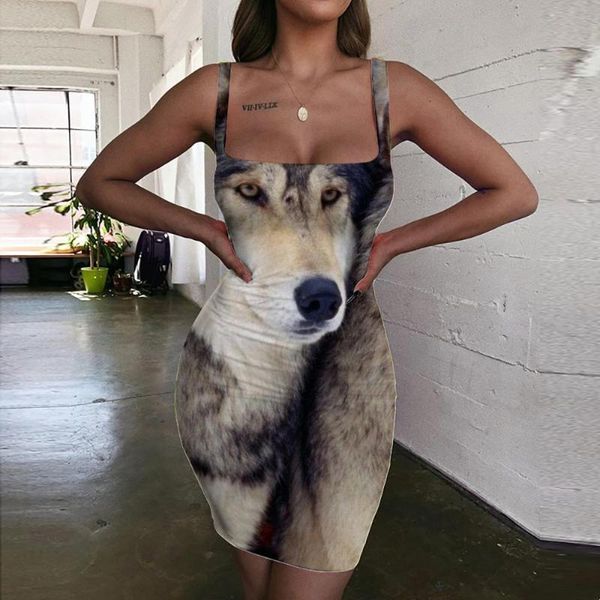 

brand wolf dress women animal halter sleeveless snow 3d print lovely ladies dresses womens clothing club short beach femme casual, Black;gray