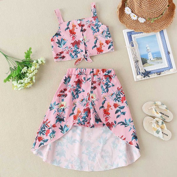 

children's solid color sleeveless floral suspender skirt girl's pink two piece dress suit, Blue
