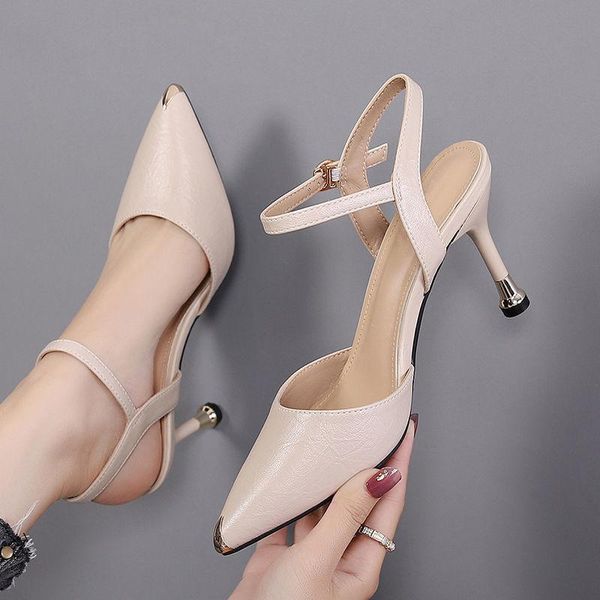 

sandals mghy 34-41 size ,5cm 7cm heel,soft leather middle heel buckle pointy ladies fashion shoes high 252, Black