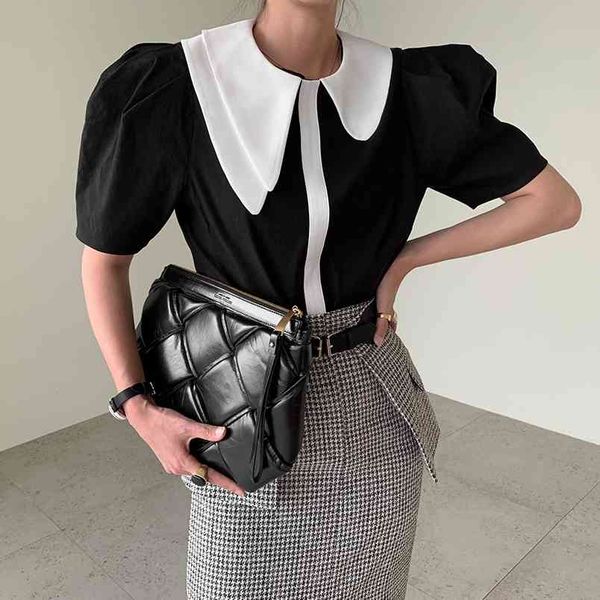 

summer elegant ol blouse women korean chic lapel loose puff sleeve contrast color shirt blusas fashion casual female 210514, White