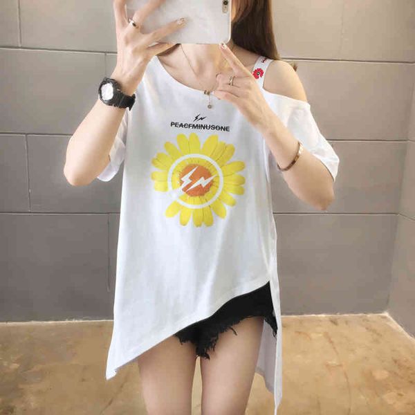 

women's t-shirt tee femme off shoulder tshirt summer print asymmetry t women short sleeve female fashion cotton clothes udsa, White