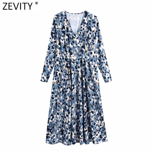 

zevity women elegant v neck ink leopard print pleated midi dress femme retro long sleeve business casual slim vestido ds4811 210419, Black;gray