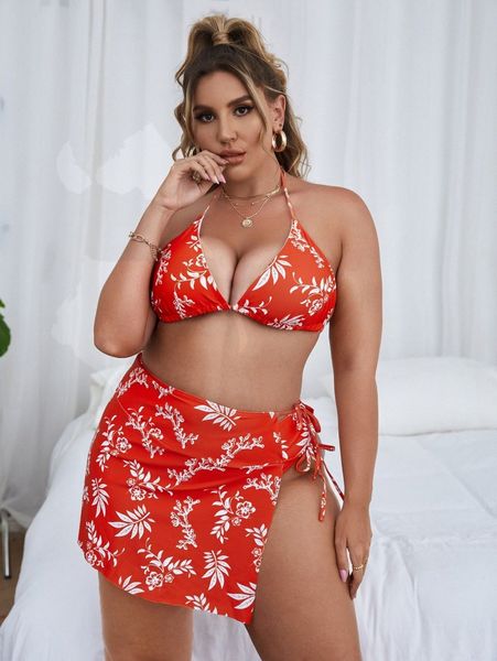 

3pack plus floral print bikini swimsuit with cover up s6ha#, Black