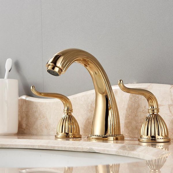 

bathroom sink faucets senlesen 3 pcs basin faucet dual handles control gold plated deck mount for mixer taps cold water