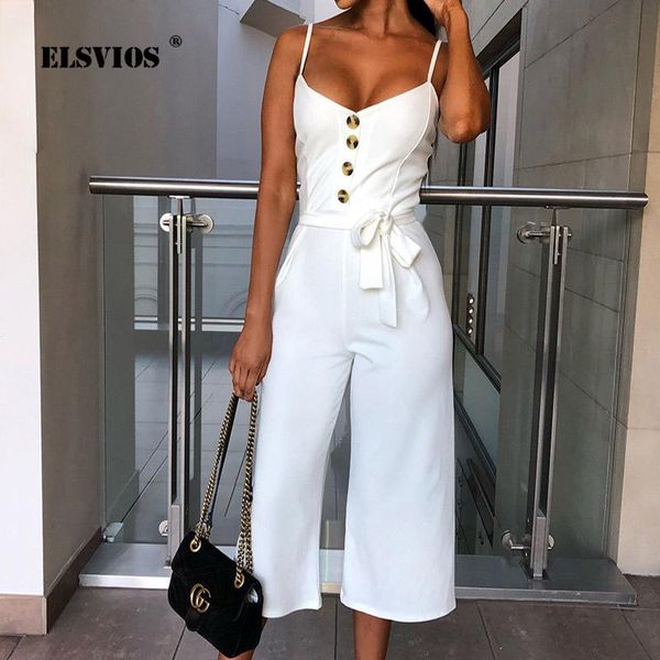 

women's jumpsuits & rompers elsvios women spaghetti strap jumpsuit romper elegant 2021 summer button sleeveless sashes playsuit casual, Black;white