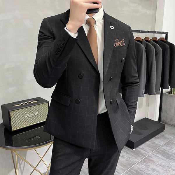

men's suits & blazers ( jacket + pants ) 2021 fashion casual boutique slim fit suit 2 pcs set double breasted coat trousers, White;black