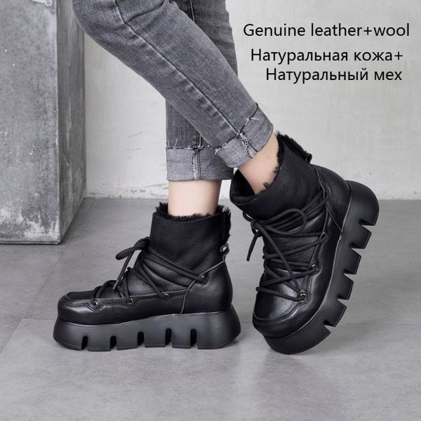 

boots fashion women wool ankle snow winter genuine leather platform shoes casual fluffy ladies moon wedges black