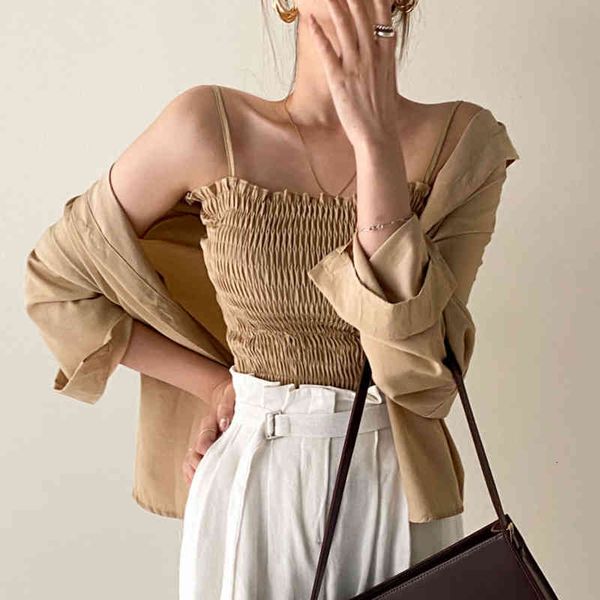 

women's polos korean version of summer wild wood ear wrip slim small sling + outer long sleeve anti-shirt two-piece set dq4x, White