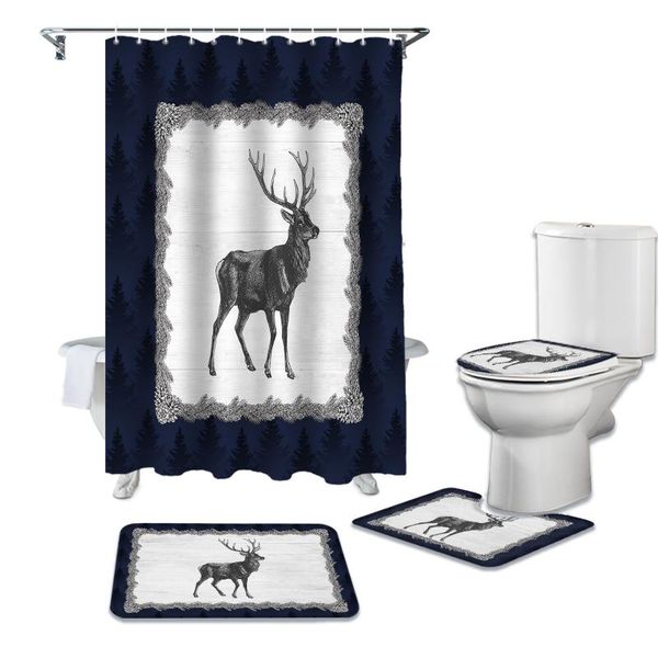 

shower curtains blue forest texture reindeer wood grain curtain sets non-slip rugs toilet lid cover set waterproof bathroom