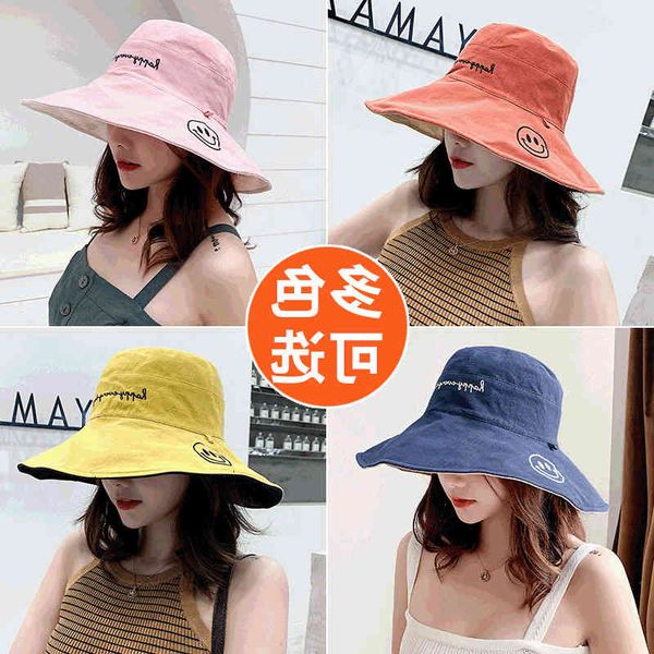 

hat female summer sunscreen sunshade anti ultraviolet net red korean fashion double-sided embroidery smiling face fisherman's, Blue;gray