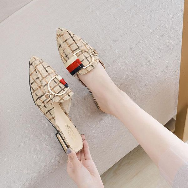 

slippers summer women fashion grid outdoor non-slip female flat beach shoes wrap head half slipper flip-flops 35-40, Black