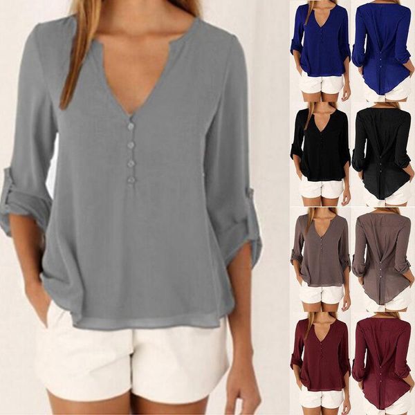 

clearance fashion summer women irregular long sleeve loose blouse v-neck button casual shirt chiffon solid blouses women's & shirts, White