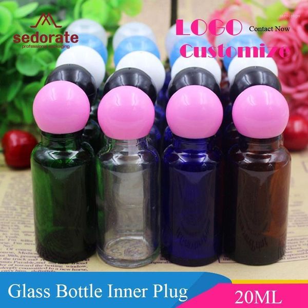 

sedorate 20 pcs/lot 20ml glass bottle with inner dropper plug cute ball cap lid amber essential oil containers ym046