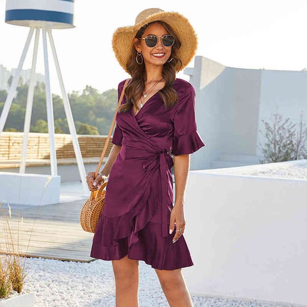 

jumpsuit summer purple casual women ruffles for party solid v neck short sleeve ladies soft mini es vestidos, Black;white