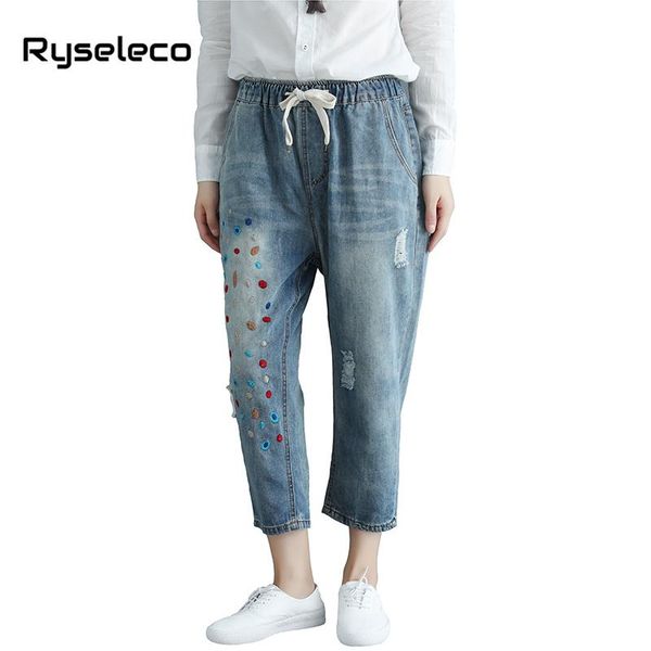 

autumn women super large 3xl plus size jeans european style dot embroidery ripped holes elastic ties waist denim trousers pants women's, Blue