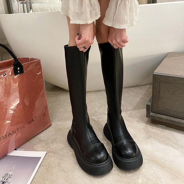 

boots knee high platform women shoes slim thick sole thigh street style long motorcycle black beige