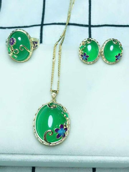 

bracelet, earrings & necklace c4#925 silver inlaid natural chalcedony set, the jade face is clean and translucent, Black
