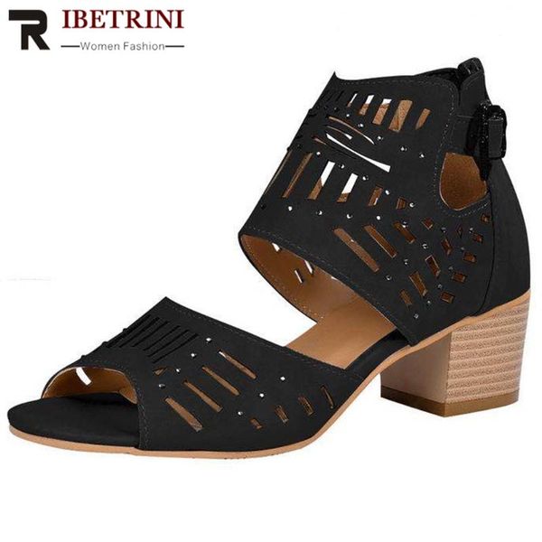 

dress shoes ribetrini retro women summer open toe hollow out ankle strap high heels solid sandals, Black