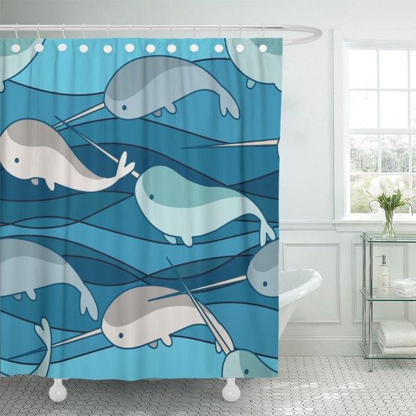 

shower curtains blue pattern playing narwhals on wave animal aquatic cartoon curtain waterproof polyester fabric 60 x 72 inches with hook