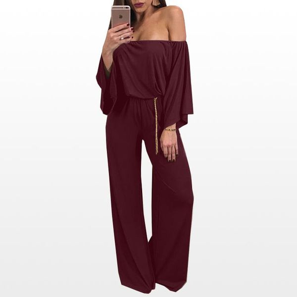 

women's jumpsuits & rompers jumpsuit women off shoulder loose flare sleeve playsuit wide leg pants long trousers zipper romper, Black;white