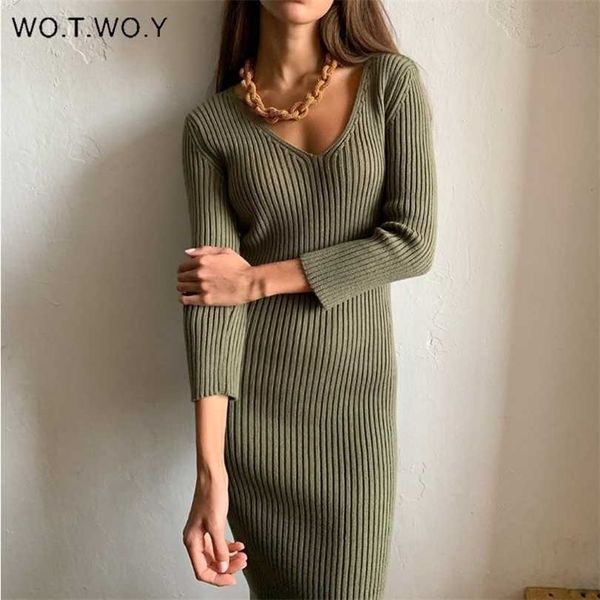 

wotwoy v-neck wrapped knitted dres autumn solid sheath sweater dresses knee-length bodycon long female 211110, Black;gray