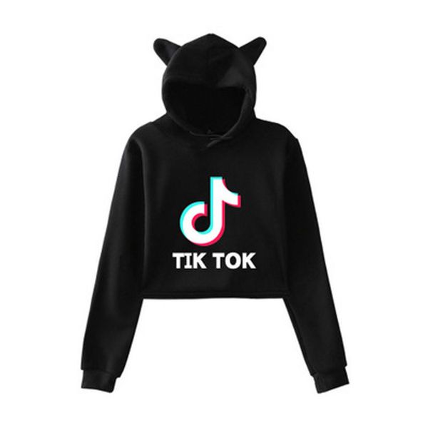 

tik tok note letter printing loose large size cat ears with caps umbilical sweater women 2xl, Black