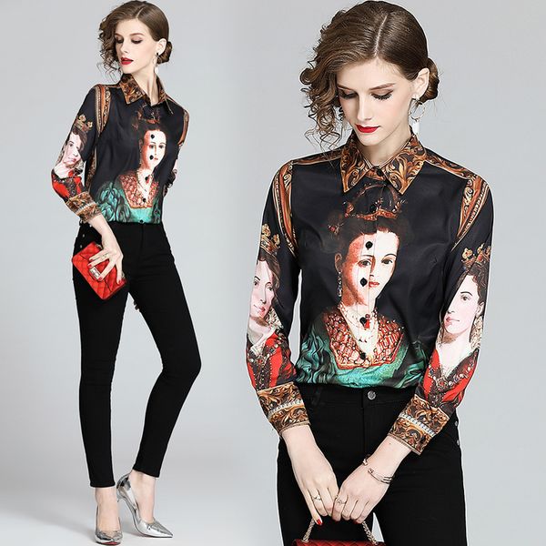 

women's t-shirt vintage character pattern printed shirt women 2021 spring long sleeve casual and blouses elegant ladies blusa, White