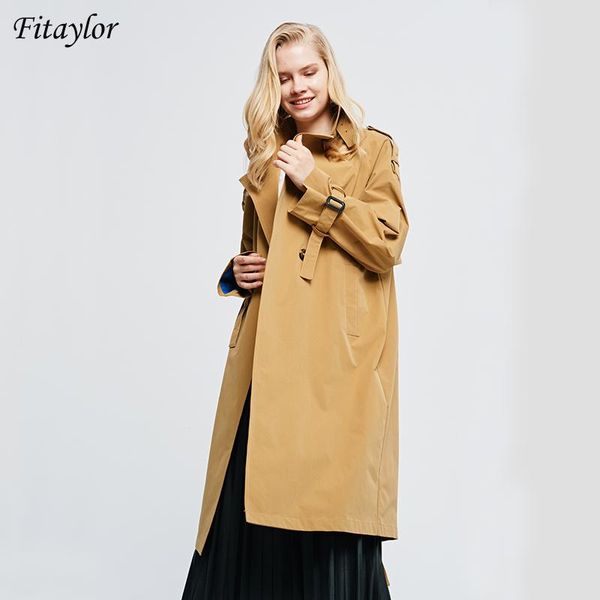 

fitaylor 2021 autumn lapel long trench vintage double breasted coat women fashion windbreaker classic cloak business outwear women's co, Tan;black