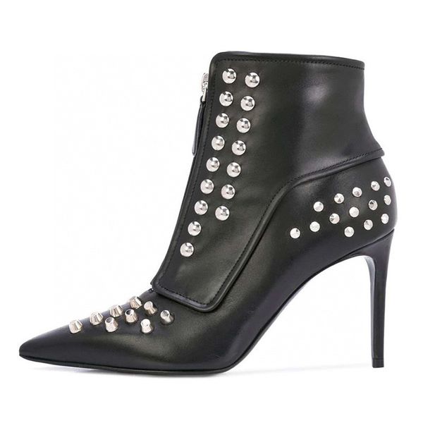 

boots pointed toe high heels motorcycle boots women genuine leather metal rivets ankle botas short runway stilettos 6rfu, Black