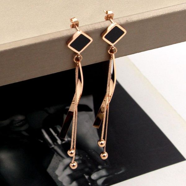 

dangle & chandelier fashion black square hanging bend snake bone chain steel ball tassel rose gold earrings woman jewelry wholesale, Silver