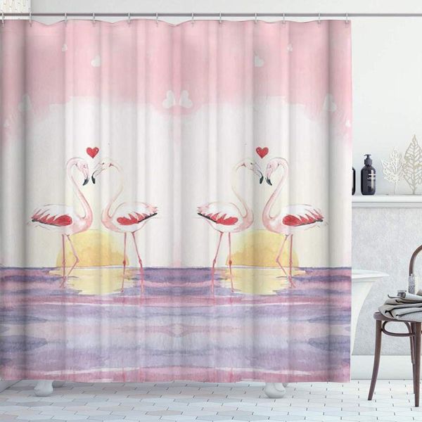 

shower curtain set with 12 hooks,couple flamingo watercolor symble of forever loves,machine washable,72" x 72"