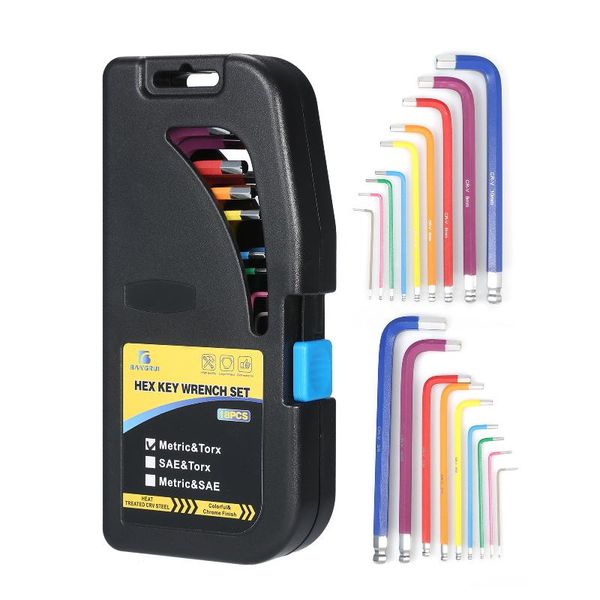 

professional hand tool sets 18pcs multicolour l-key set metric star long arm ball end hex key chrome vanadium steel industrial grade allen w