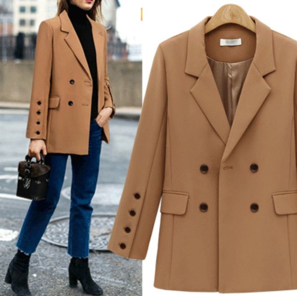

fashionable ladies suit autumn coat versatile loose medium length women's double breasted, White;black