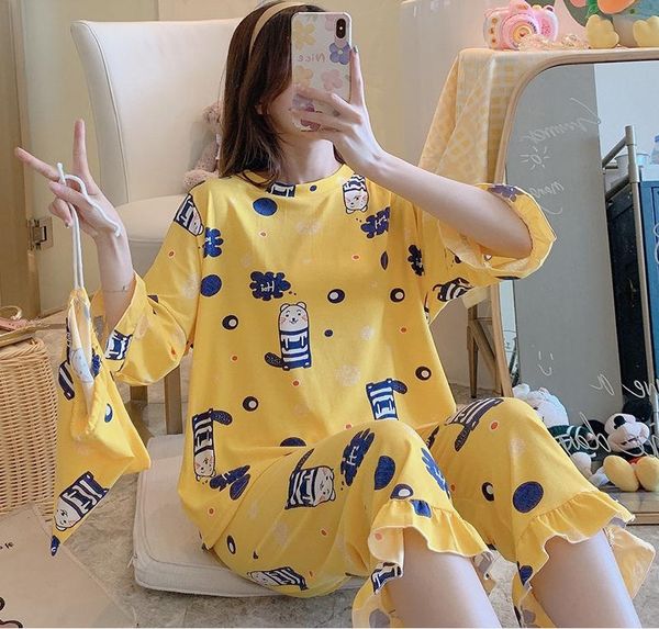 

women's two piece pants cartoon yrrfuot ladies casual cute pajamas suit summer sleepwear women 2021 ruffled home clothes send storage b, White