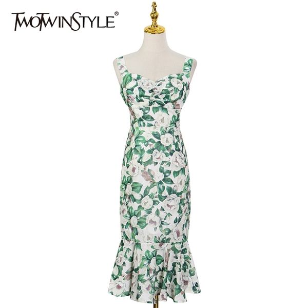 

vintage print sling dresses for women v neck sleeveless high waist ruched slim midi mermaid female fashion 210520, Black;gray