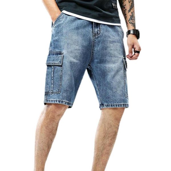 

men's jeans mens denim casual solid shorts pockets half pants summer 2021 knee length straigth loose man trousers, Blue