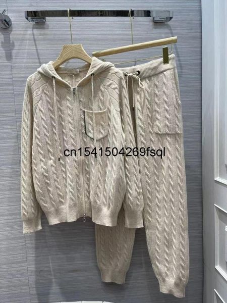 

women's two piece pants autumn winter cashmere knitted 2 pieces set women hooded cardigan sweater + waist elastic long 2021 female, White