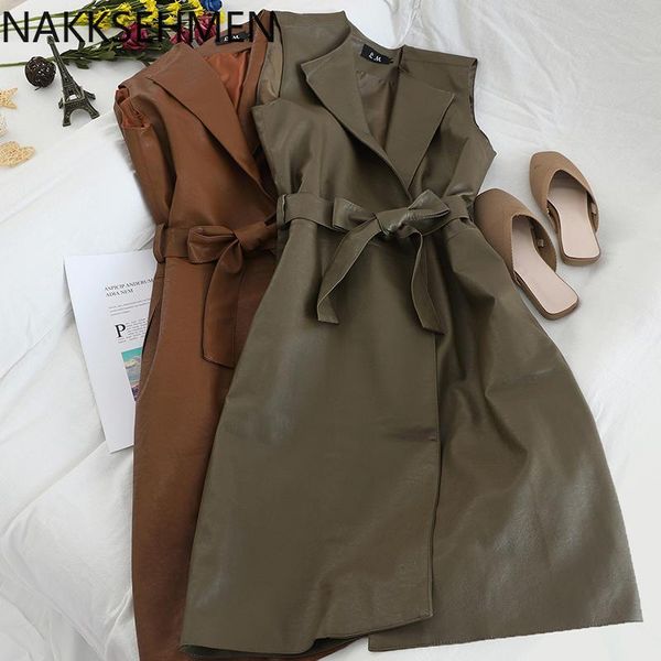 

women vests sleeveless medium long belt waist female elegant autumn winter pu leather loose 2021 women's, Black;white