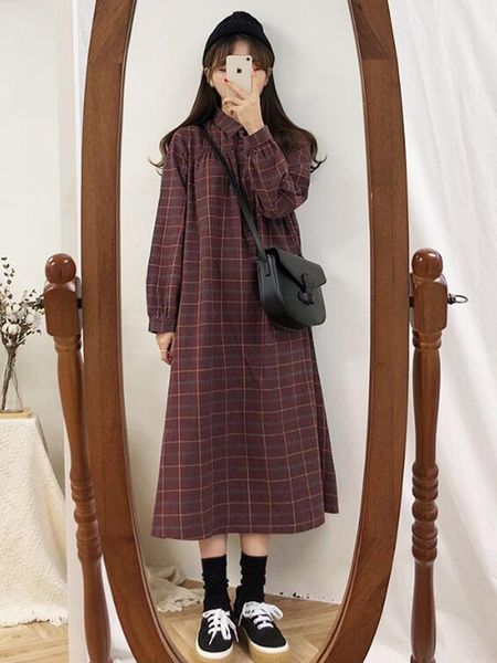 

fall 2021 loose long sleeve plaid dress for women casual dresses, Black;gray
