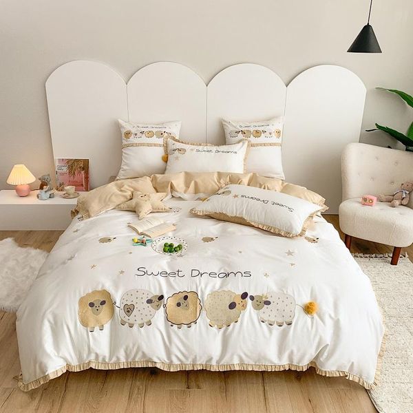 

bedding sets luxury 600tc egyptian cotton cartoon sheep embroidery princess girls set ruffles duvet cover bed sheet pillowcases