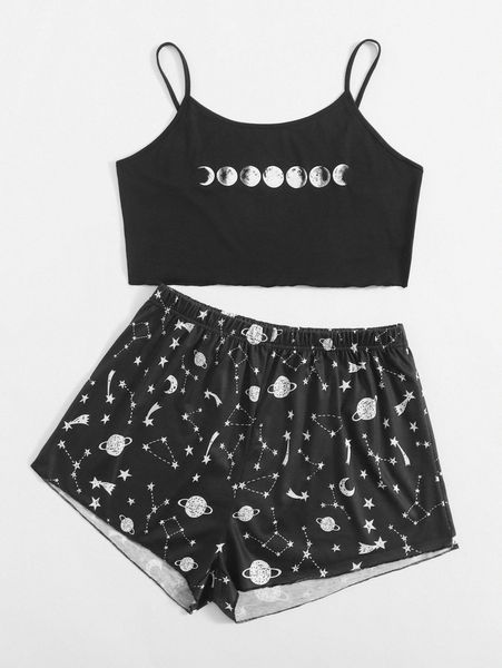 

plus galaxy print cami pajama set v3jn#, Black;white
