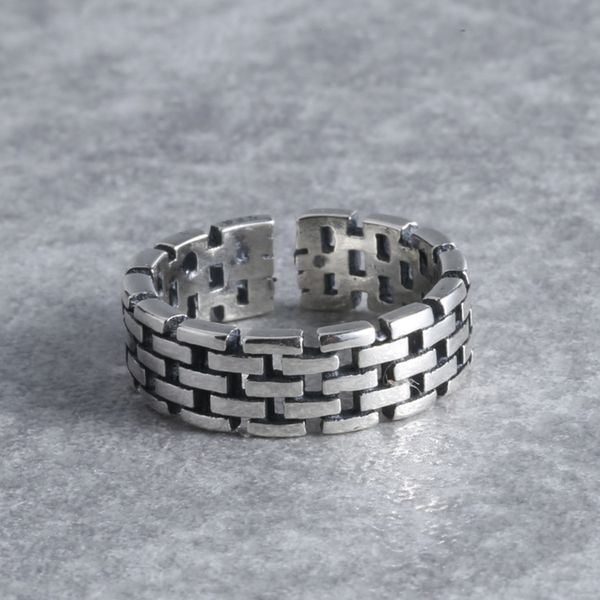 

korean version s925 pure silver ring female fashion make old roman square brick lattice open student jewelry x5e4