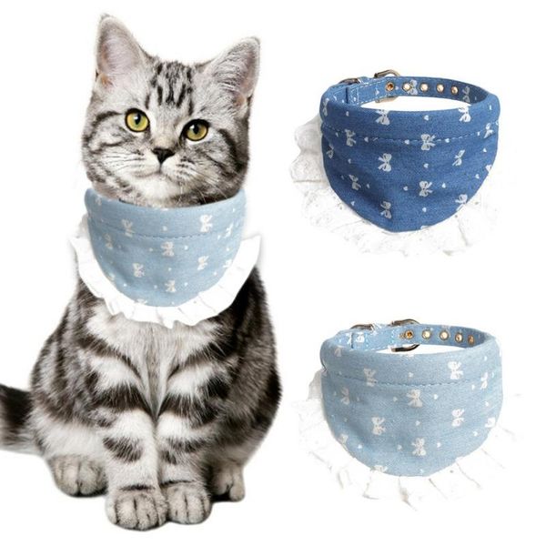 

cat costumes puppy neckerchief adjustable pet dog neck denim lace collar scarf saliva towel bib accessories for cats & small dogs 1pc