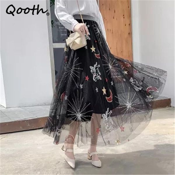 

qooth embroidery star three-layer fabric mesh skirt half-length high waist a-line fairy pleated all match qt641 skirts, Black